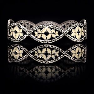 John Hardy Kawung Sterling Silver & Enamel Wide Cuff Bracelet Floral Motif 925